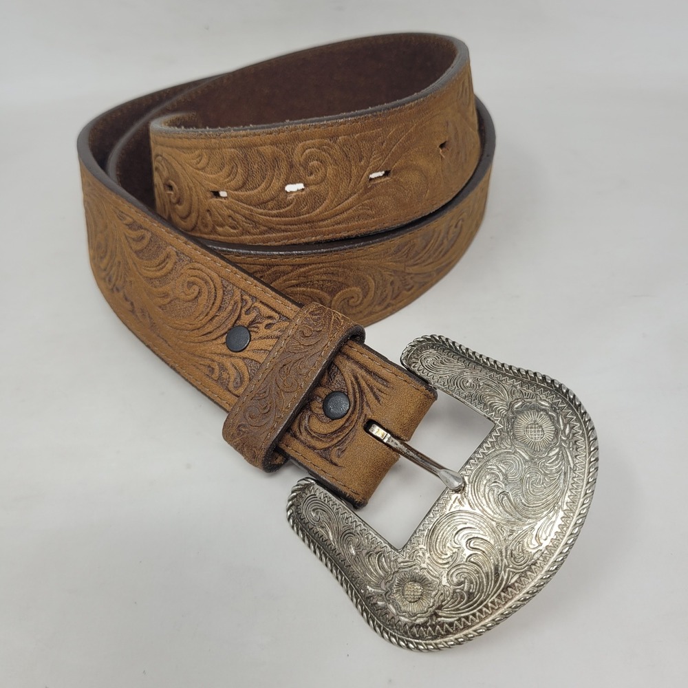 Silver Creek Belt Mens 40 Brown Leather Floral Tooled Western Cowboy Rodeo USA